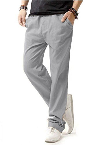 HOEREV Men Casual Strandhosen Leinen Hose- Gr. L (Taille 36-38 zoll), Grau