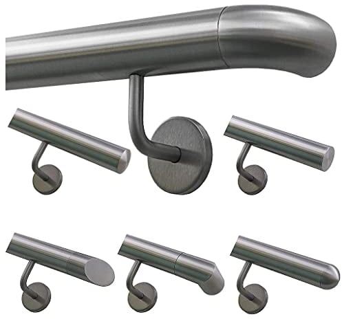 TIBU Handlauf Geländer Edelstahl Ø 42,4 mm - Länge 60 cm - Ende Bogen zur Wand und gewinkelte Halter - Rostfrei für Außen und Innen