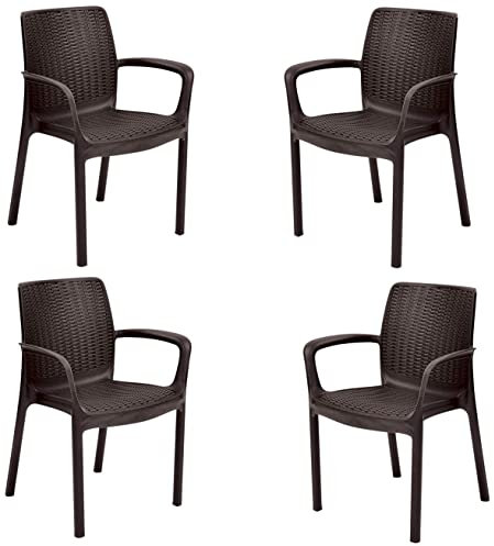 Keter Bali - Pack x4 Silla jardín para Interior y Exterior con reposabrazos Ideal para Jardines y terrazas, apilable, Resina con Acabado de ratán Plano, Color Marrón