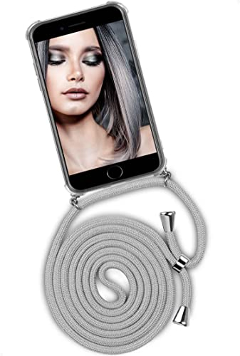 ONEFLOW Handykette für iPhone 7 Plus/iPhone 8 Plus Hülle mit Band, Handyhülle mit Kette abnehmbar, Handyband zum Umhängen, Handy Umhängeband Lange Handykordel, Twist Case – Silber Grau