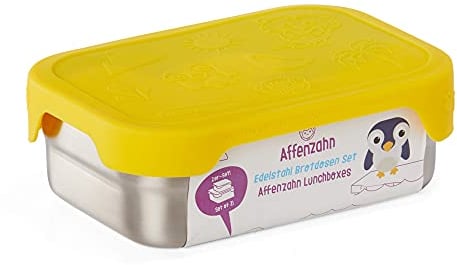 Affenzahn Edelstahl Brotdosen Set inkl. Snack-Box Silikon-Deckel BPA-frei Spülmaschinenfest Tiger - Gelb