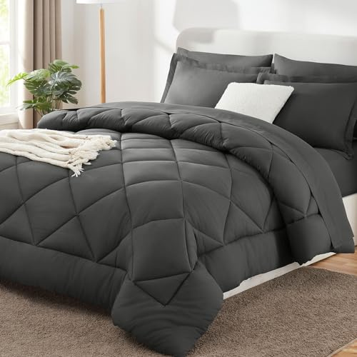 CozyLux King Comforter Set 102x90 Dark Grey - 7 Piece Bed in a Bag