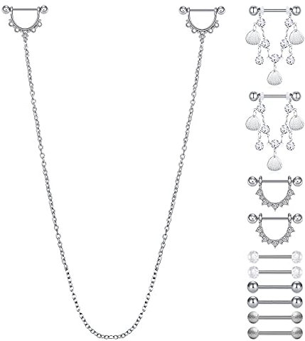 D.Bella Brustwarzenpiercing mit Kette Chirurgenstahl Nippel Ringe 14G Zungenpiercing Nippelpiercing 12 STK Barbell Piercing Schmuck Silber