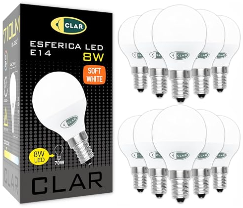 CLAR - Bombilla Led E14 8W, Bombillas Led E14 (Equivalente a 60-70W) Bombilla Led Casquillo Fino, Bombilla bajo consumo, Bombilla Casquillo Fino, Bombilla E14 Led, Luz Cálida 3000ºK (Pack 10)