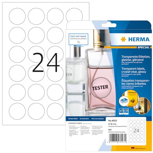 HERMA 8023 Wetterfeste Folienetiketten transparent rund, 800 Blatt, Ø 40 mm, 24 pro A4 Bogen, 19200 Stück, selbstklebend, bedruckbar, glänzend, blanko Klebeetiketten Aufkleber aus Folie, durchsichtig