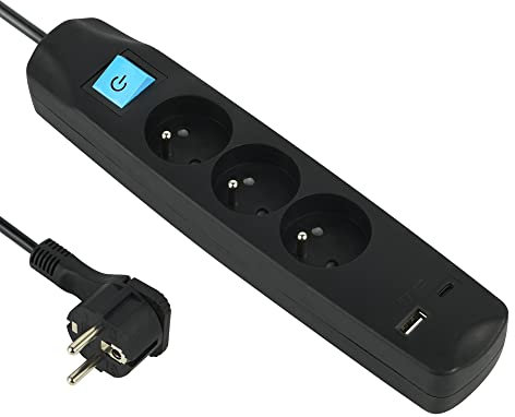 Electraline 35605 Bloc Multiprise 3 Prises Françaises + 2 USB 3.4A 17W A + 1 Type C, avec Interrupteur on/Off, Fiche Extra Plate 90° 16A, Câble 1.5M, Noir