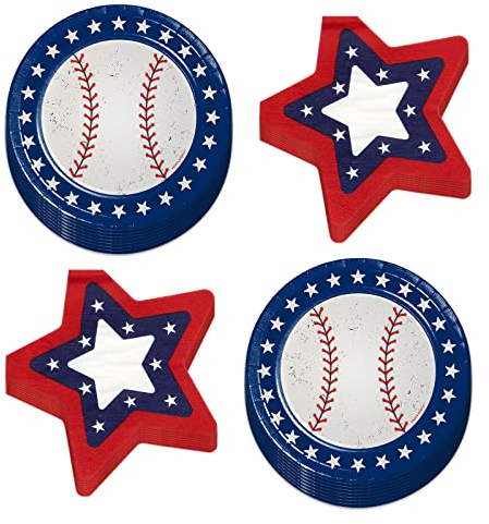 Baseball-Partyzubehör – All Star Rot, Weiß und Blau Pappteller und Servietten in Sternform (für 16 Stück)