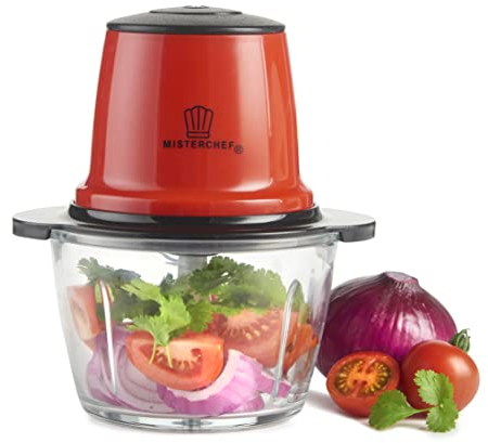 MisterChef® Mini-Zerkleinerer für Küchenmaschine, 3 Zwei-Level-Klingen, energiesparend, 200 W, mit Turbo, 1,5 l Lebensmittelkapazität, Glasschale, Rot Metallic