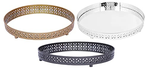 1 x Mirrored Glass Vanity Tray - Round Metal Makeup & Cosmetic Tray with Decorative Design for Dresser & Home Decor