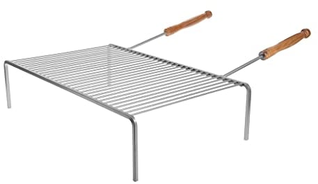 RUECAB - Parrilla de barbacoa individual, parrilla de barbacoa rectangular, parrilla de barbacoa 68 x 40 cm, rejilla simple, sobre patas, mango de acero, mango de madera de acacia. Dimensiones: 68 x