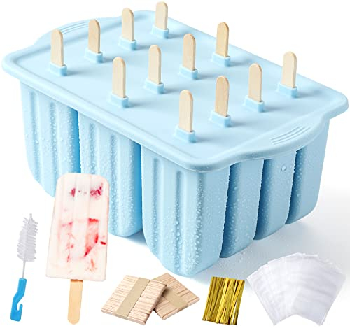 Eisformen Silikon,Eisformen Eis am Stiel Silikon,Popsicle Formen Set,Stieleisformen,Eisförmchen mit Stiel,Ice Cream Lolly Mold Eiscreme Form Eis-Pop-Hersteller Eis Selber Machen (12-Hellblau)