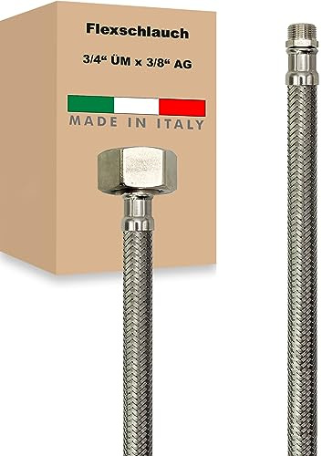 Flexschlauch ÜM x AG Edelstahl Panzerschlauch Anschlußschlauch Sanitär Armaturenschlauch Hauswasserwerk Made in Italy (3/4 x 3/8 - 300 mm)