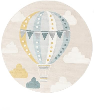 RugVista, Balloon Ride, Teppich, Ø 150 cm, Rund, Kurzflor, Modern, Oeko-TEX Standard 100, Wohnzimmer, Schlafzimmer, Esszimmer/Küche, Flur, Büro, Maschinenwaschbar bis 30 Grad, Beige/Blau
