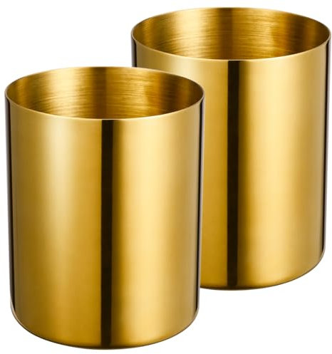 Lidwot Lot de 2 porte-stylos ronds dorés en acier inoxydable 304 poli miroir – Pot à crayons de style nordique et organisateur de pinceaux de maquillage pour bureau, maison, cuisine, salle de bain et