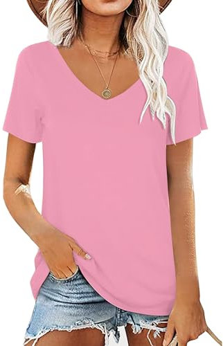 AirMood T-Shirt d'été décontracté à Manches Courtes et col en V pour Femme, Rose, L