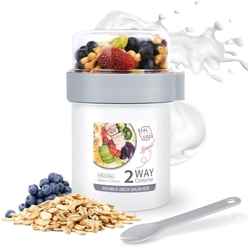 HOTUT Overnight Oats Container, 560 ML Reusable Yogurt Cups, Split Oat Yogurt Cup, Cereal Yogurt Cups, Leak-Proof Cereal On The Go Cup with Spoon, Breakfast Milk Fruit Cereal Storage Jar for Adults
