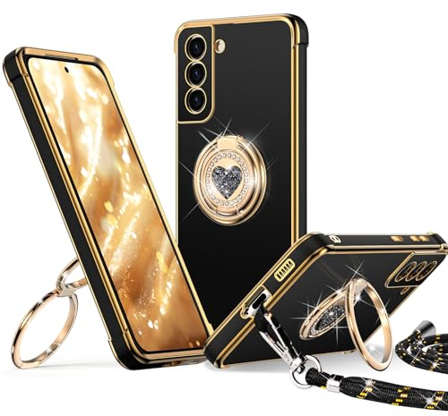 XYZ für Samsung Galaxy S21 FE Hülle mit Band, Herz Doppelring Ständer HandyHülle Handykette Frauen Mädchen Dünn Stoßfeste Anti-Kratzt SchutzHülle für Samsung S21 FE Case, Schwarz