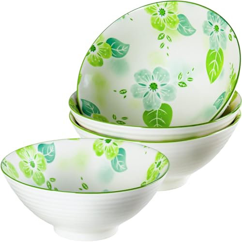 Zscera Ramenschüsseln aus Keramik, 1,3 l, Frühlingsblumen, 4 Stück, 20,3 cm große Pho-Schalen, Suppenschüsseln