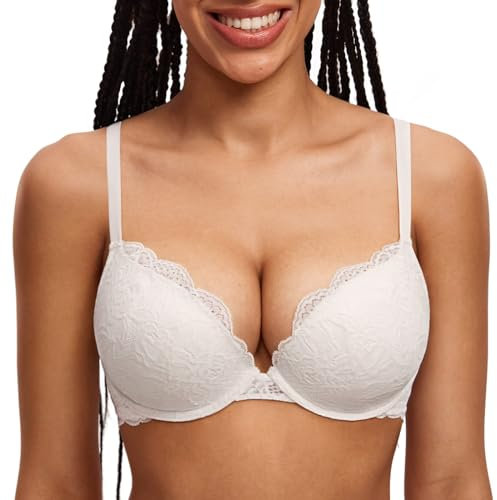 DOBREVA Women's Push Up Lace Bra Sexy Plunge Padded Underwire Support Bras Lift Up Coconut White 36C