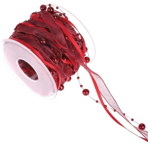 Dekoband Perlen 10m Für Hochzeit - Perlengirlande, Weiß Perlenkette Deko, Am Band, Mit Organza-Spitze-Band, Organzaband (Burgunderrot)