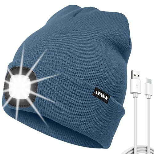 ATNKE LED Mütze mit Licht, USB Typ C Wiederaufladbare 4 LED Beleuchtete Laufmütze Extrem Heller Lampe Winter Warme Stricken Mütze für Herren und Damen Geschenke/Shadow Blue