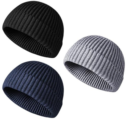 Bonnets Hommes, 3 Pièces Bonnet Hiver, Bonnet Tricoté, Bonnets Homme, Court, Taille Unique, Ultra Épais et Doux, Unisexe, Chaud pour l'hiver（Noir, Gris Clair, Bleu Foncé）