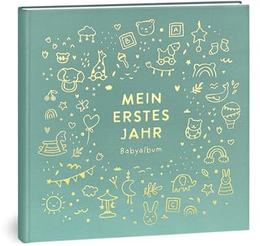 Mein erstes Jahr Babyalbum - Hochwertiges Leinenbuch mit Goldprägung für die schönsten Erinnerungen - Babybuch zum Eintragen für das erste Lebensjahr - Baby Geschenk zur Geburt (Spielzeug Mint)