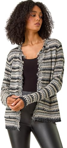 Roman Originals Linear Textured Cardigan for Women UK - Ladies Everyday Autumn Winter Crew Neckline Comfy Soft Evening Vacation Work Party Night Out - Black - Size 10