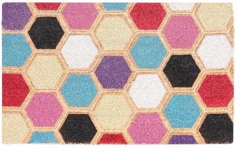 Embossed Coir Doormat 45x75cm Non-Slip Backing for Indoor Outdoor Use Heavy Duty All Weather Front Door Welcome Mat with Stylish Designs Durable Natural Coir [Hexagon]