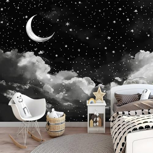 Papier Peint Mural Non Tissé Ciel Nocturne Lune Nuages Papier Peint 200 x 140 cm Motif Moderne Fond Effet Décoratif Papier Peint Pour Salon Chambre à Coucher Salle de Bains Blanc Noir