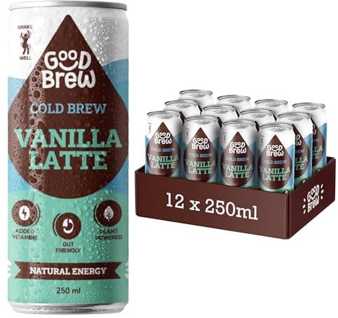 GoodBrew Cold Brew Iced Vanilla Latte 12x 250ml - Plant Based Cashew & Oat Milk, Dairy Free Flavoured Cold Coffee - Low Sugar Iced Coffee Cans - Gut-Friendly Prebiotic Fibre and Vitamins A, D & E