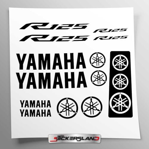 Kit de Adhesivos compatibles con depósito y Casco de Moto | Base de Vinilo Transparente de fácil aplicación con impresión UV | Letras Logos | Stickersland® - R125 R15 (Negro)