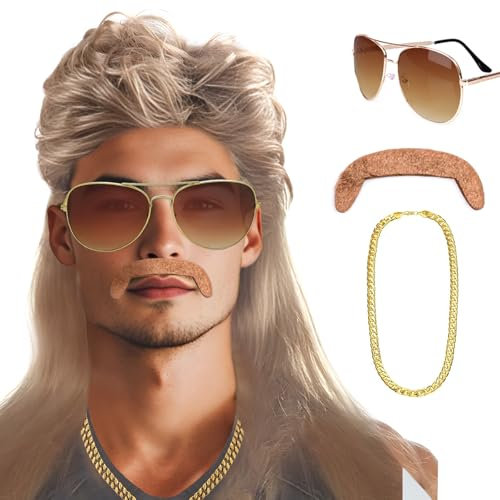 AUXHCYL Vokuhila Perücke Herren - 80er 90er Jahre Outfit Accessoires, Blond Perücken, Wig Sonnenbrille Goldkette Bart, Männer Perrücke für Faschingskostüme Karneval Fasching Punk Rock Party