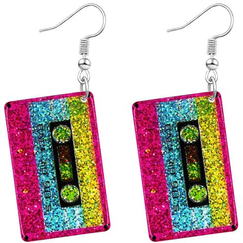 Ohrringe Kassette, Vintage Neon Ohrringe Damen, Lustige Ohrringe Fasching Acryl Kassetten Hängeohrringe Retro Earrings für 70er 80er 90er Jahre Karneval Party Accessoires (D)