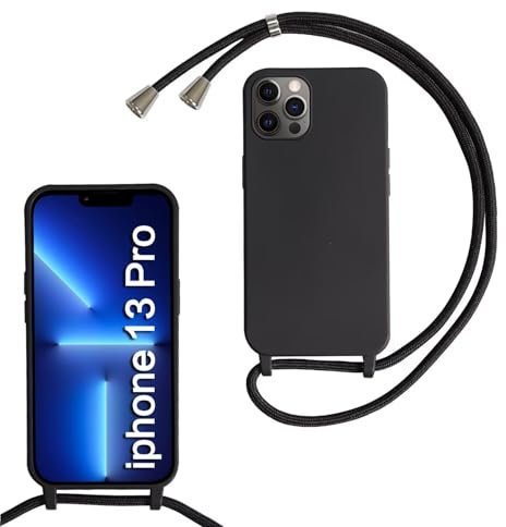 SLWYF Compatible with iPhone 13 Pro Crossbody Lanyard Case, Liquid Silicone Protective Phone Case with Strap Adjustable Neck Cord Necklace Soft Cover for iPhone 13 Pro, Black