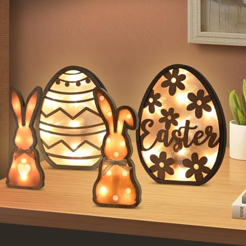 Whemyreat 4er-Pack Ostereier und Osterhase mit Lichtern aus Acryl,Osterhase Holz 25cm & 20cm,Osterdeko,euchtende Dekoration,Deko Aufsteller Hase Holz,Geschenk Ostern(Ohne Batterie)