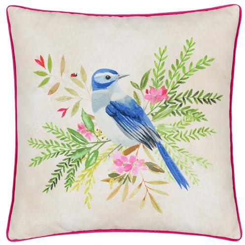 furn. Evans Lichfield Daisy Hill Bluebird Feather Filled Cushion – Hand Painted Embroidered Floral Bird Piped Decorative Pillow (Multicolour/Pink – 45x45cm)