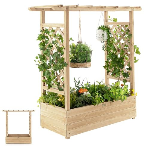RELAX4LIFE Pflanzkasten mit Rankgitter & Dachregal, Blumenkasten mit Gartenspalier für Kletterpflanzen & Korbpflanzen, Rankkasten Holz, Blumenbeet für Balkon Terrasse (110 x 44 x 113,5 cm, Natur)