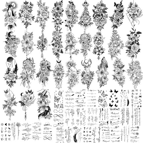 60 Blätter Temporäre Tattoos Frauen Damen Männer, Klebetattoos Erwachsene, 3D Blume Schmetterling Mond Wasserfest Langlebig Fake Tattoos zum Aufkleben, Klein Schwarz Klebetattoos Tattoo Aufkleber