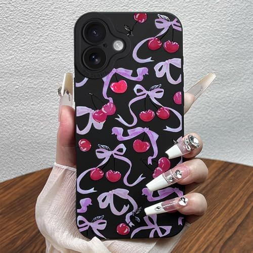 Potok Black Cherry Bow Phone Case for iPhone 16 Plus, Cute Red Cherry Pattern for Women Girls, Soft TPU Slim Profile Shockproof Protective Cover for iPhone 16 Plus