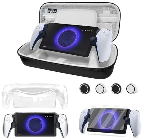 ARVOK 7 in 1 Accessoris Kit Compatible with Playstation Portal, EVA Carrying Case for PS5 Portal with Clear Skin Protective Case, 1 Screen Protectors with 4 Thumb Grip, holds accessories, Black