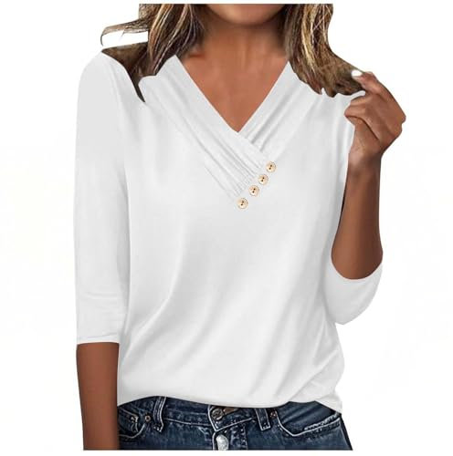 Womens 3/4 Sleeve Tops V Neck Short Sleeve Tunic Tops for Leggings Solid Casual Cototn T-Shirts Work Top Blouses Ladies Summer Tees Button Henley Shirts Smart Dressy Top for Vacation Daily Office
