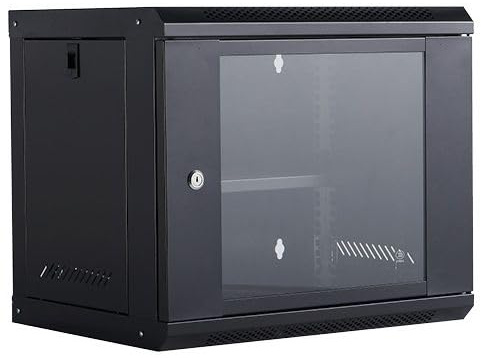 Armadio Rack da Parete 9U 19 in Acciaio Nero con Porta in Vetro Temperato e Serratura – 53x40x45 cm – Struttura Ventilata per Server, Switch, DVR, Router