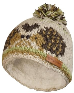 Pachamama Women Wool Beanie Bobble Hat Sherpa Fleece Lined Handknitted Stripe Hedgehog Pattern One-Size Handmade Extra Warm Fair Trade
