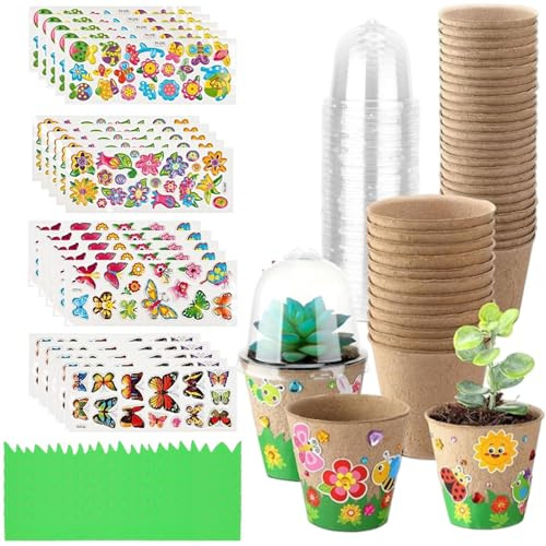 Kleine Töpfe für Pflanzen, Balkontöpfe mit Kuppeln und 20 Blatt Aufklebern, Garten-Papier-Pflanzgefäß, Bastelset für Terrasse, Hinterhof, Frühling, Zuhause, Kinder