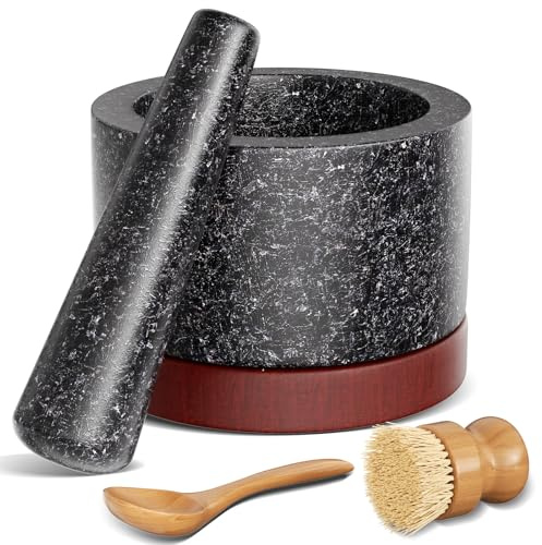 Juego de mortero con mortero, juego de molinillos de especias y hierbas, picadora de pastillas, hacer guacamole fresco en casa, cuenco de molienda de piedra maciza (negro G, grande)