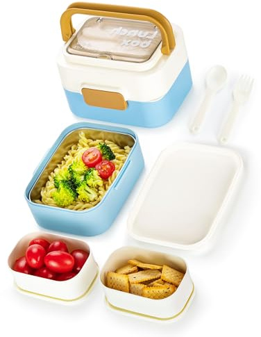 Lille Home Lunch Bento Box Portable Snack Box with Handle, Stackable | 61oz/1810ml, Sectioned Lunch Box, Removable Stainless Steel Compartments with Utensil, 2 Dressing Containers