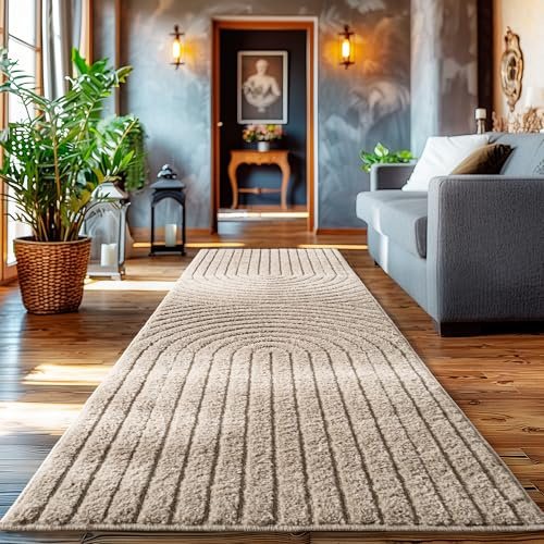 HomebyHome Teppich Läufer 80x150 cm Beige Hochflor Skandi Boho Design Hoch-Tief Effekt Weicher Shaggy Langflor Flauschig Robust Pflegeleicht Modern für Schlafzimmer, Flur
