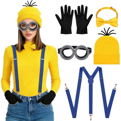 Halloween Kostüm Cosplay Damen,5/7 Stück Gelb Steampunk Brille mit Augen Gelbe Mütze Knöpfen Hosenträger Socke Fasching Kostüm Damen Erwachsene Film Karnevalskostüm für Halloween Karneval Party