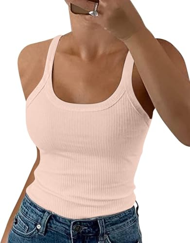 DUOEASE Canotta Donna Estiva Girocollo Spaghetti Top Donna Bianco Elasticità T Shirt Senza Maniche Rosa Chiaro-S